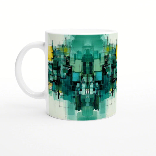 Abstract teal and green geometric pattern on a white ceramic mug; product mockup.