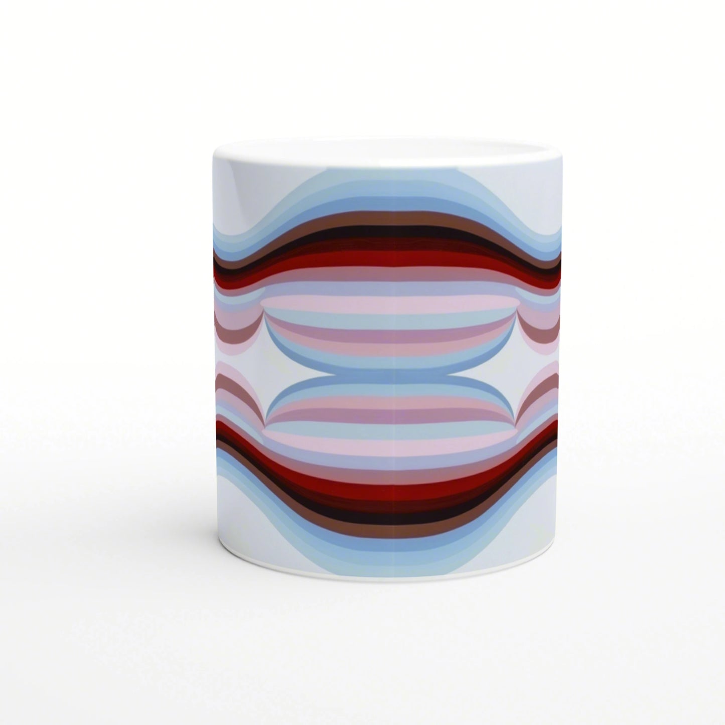 Abstract mug with layered, wavy bands in blue, pink, and red on a white background.