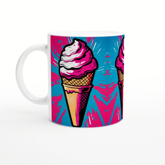 Bright pop-art mug featuring a pink-iced ice cream cone on a blue and magenta splash background.