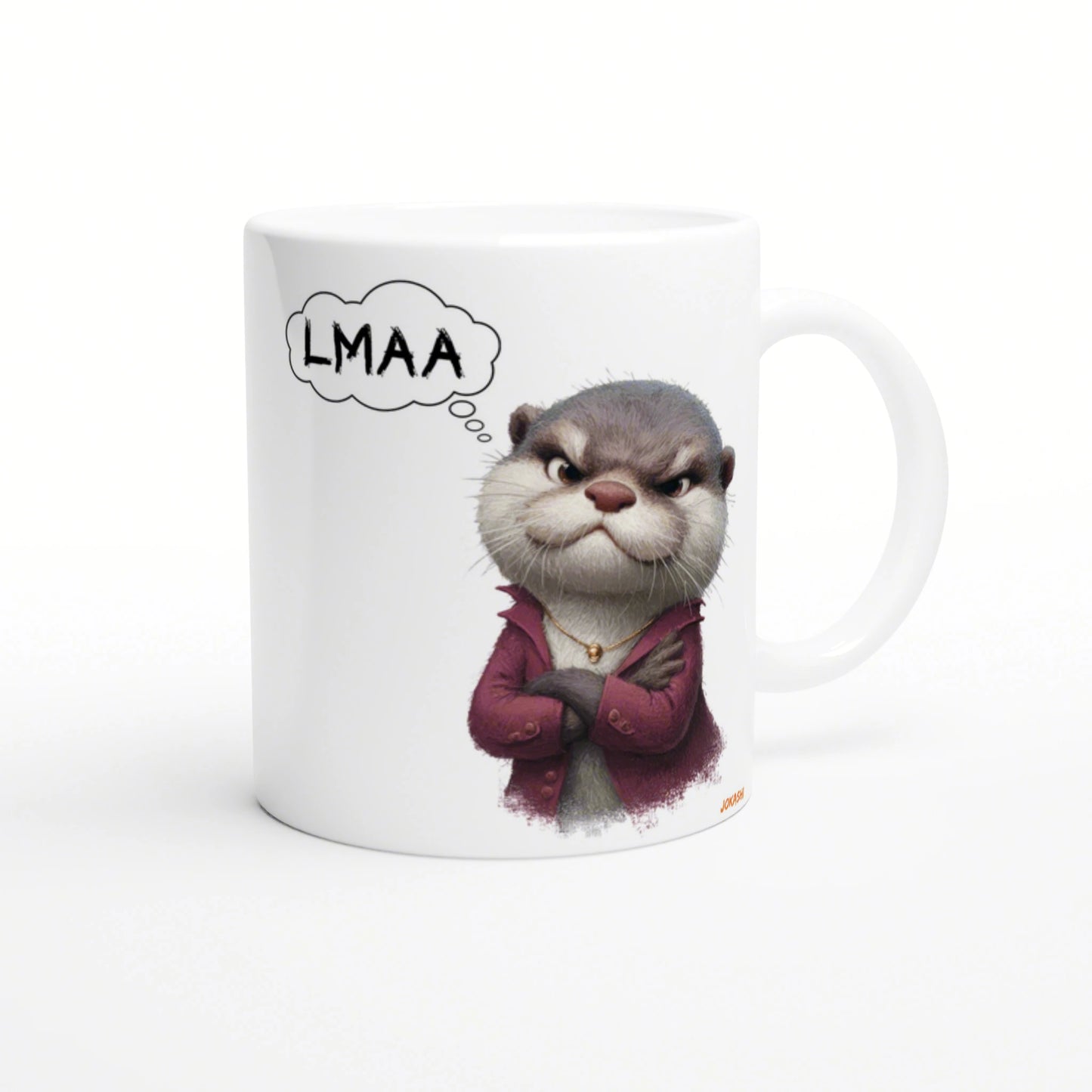 White mug with a grumpy cartoon furry animal in a red jacket, arms crossed, and a thought bubble reading LMAA.