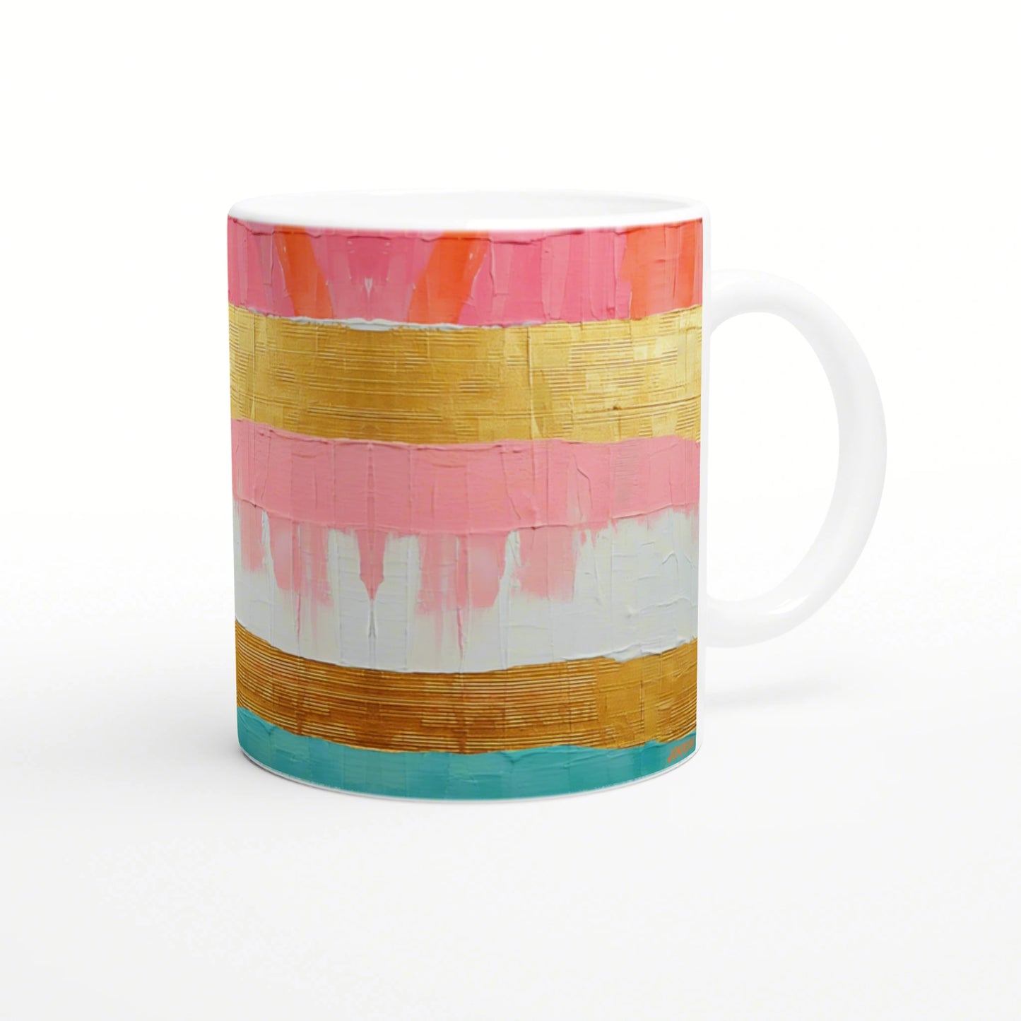 Ceramic mug with abstract horizontal stripes in pink, gold, white and teal; product mockup for an online shop.