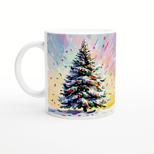 White mug featuring a colorful abstract painting of a Christmas tree with multicolored brushstrokes and confetti-like accents.