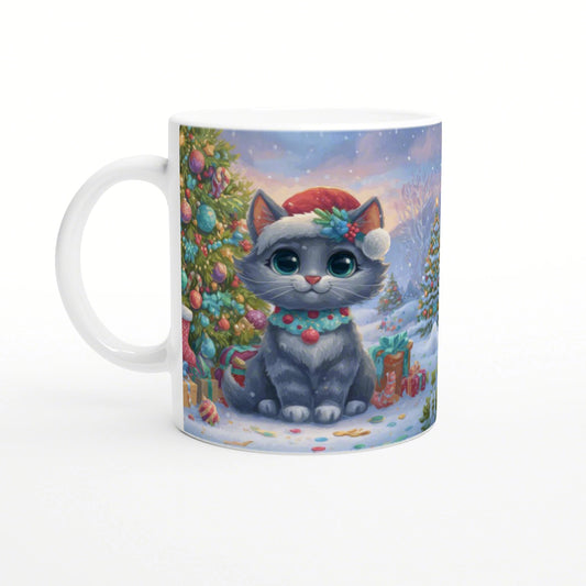 Festive mug featuring a cute gray cat in a Santa hat and scarf, beside Christmas trees, gifts, and a snowy holiday scene.