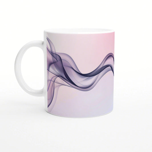 White mug with purple abstract smoke design on a pastel pink background; product mockup.