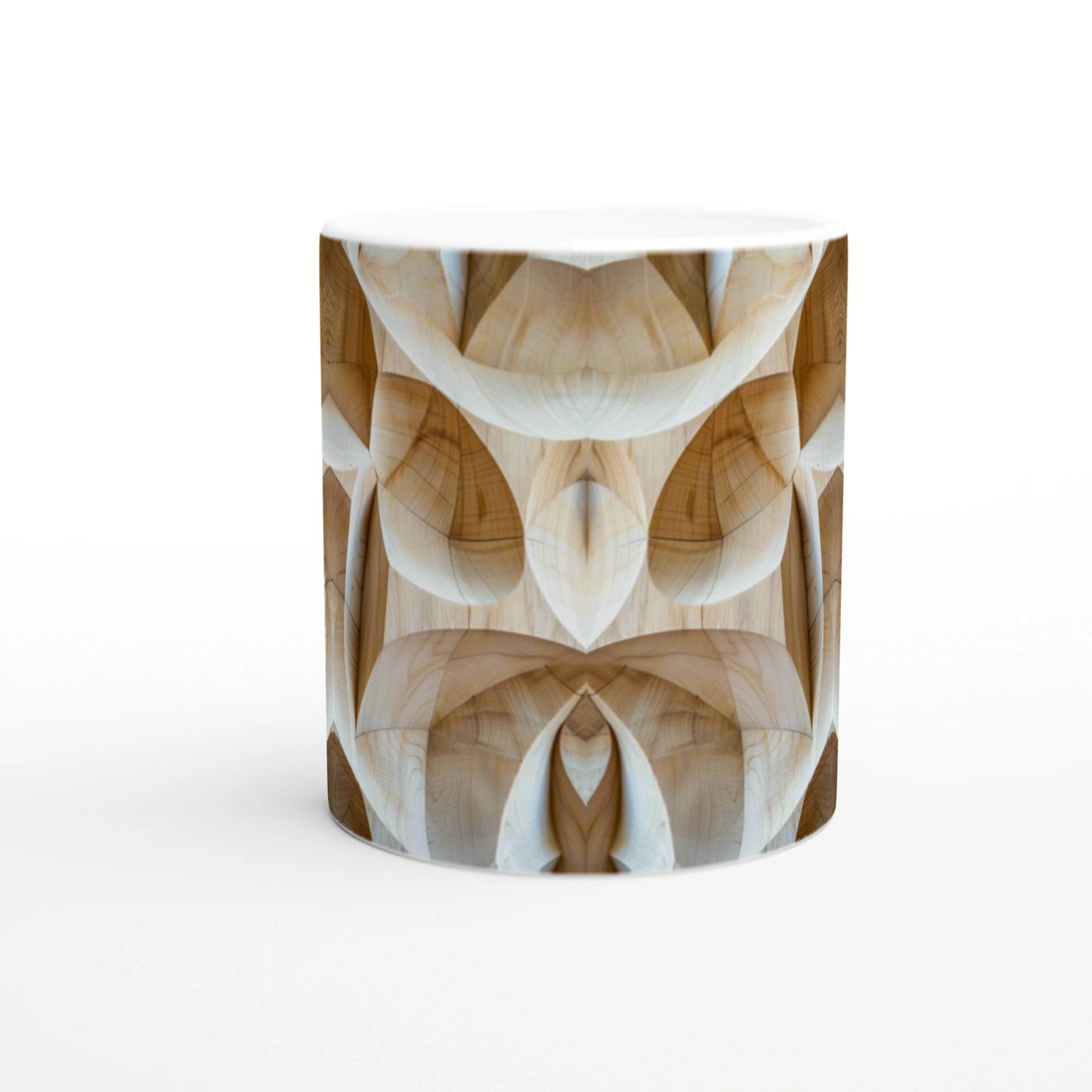 Mug featuring a wood grain kaleidoscope pattern; product mockup for cups and apparel.