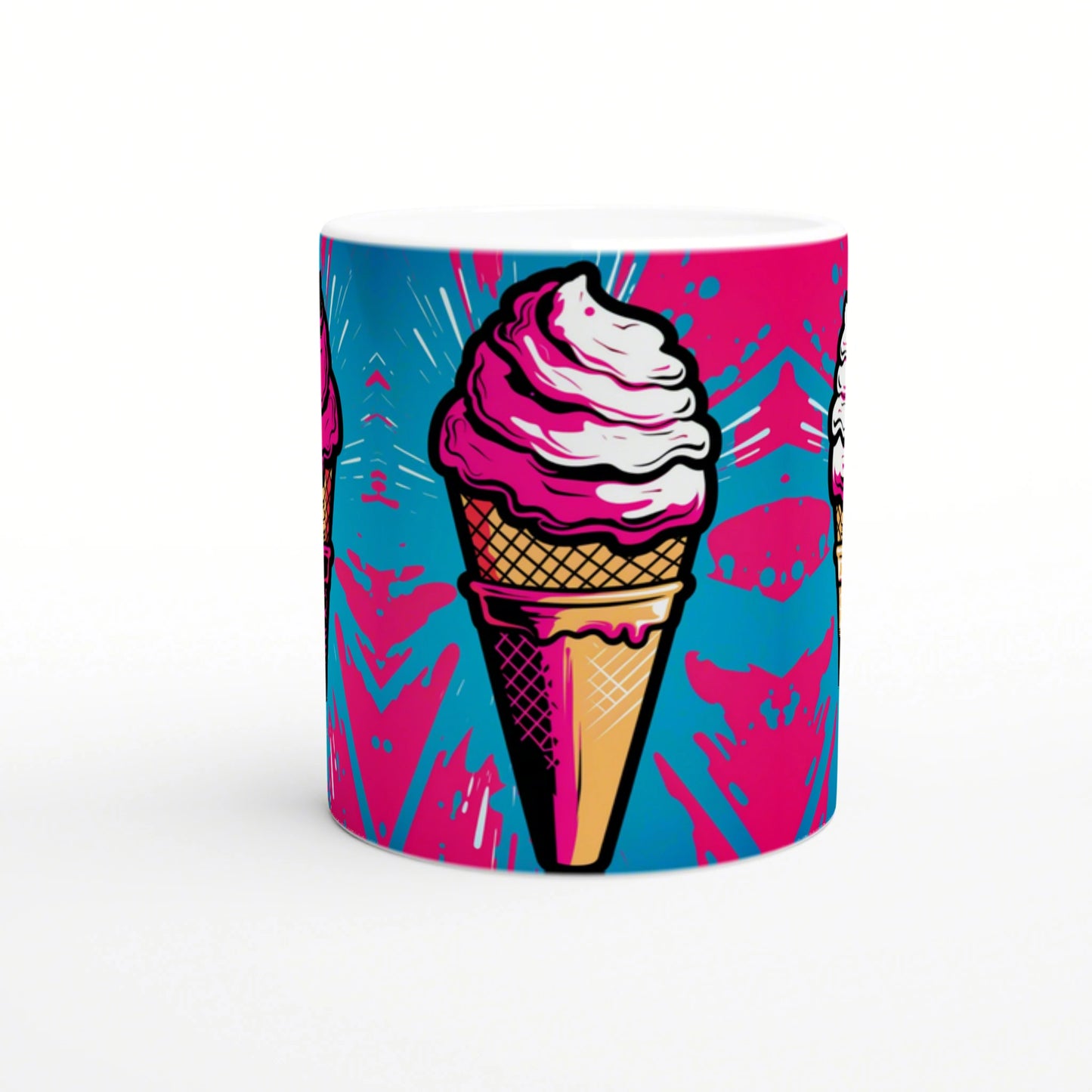 Product mockup mug with a bold pink and white ice cream cone on a blue and magenta splash background.