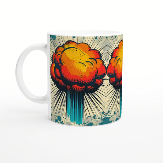 Product mockup: white mug with a bold comic-book explosion in orange, yellow, and blue.