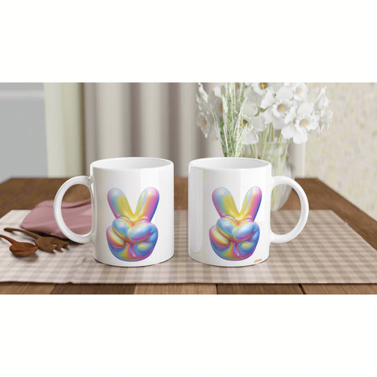 Two white mugs with rainbow peace-sign artwork sit on a wooden table with a plaid placemat and a vase of white flowers.