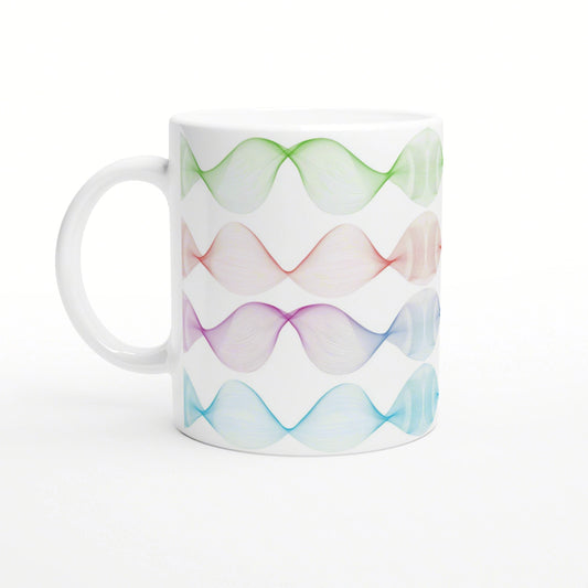 White ceramic mug featuring an abstract multicolor wave pattern with green, red, purple, and blue ribbons around its surface.