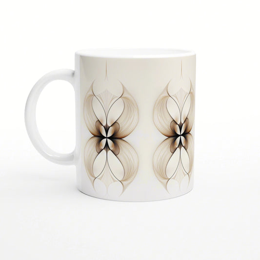 White ceramic mug with a beige, symmetrical floral-inspired pattern; product mockup.