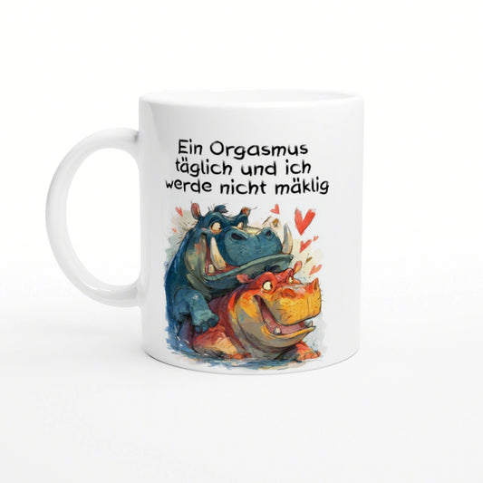 White ceramic mug with a colorful illustration of a blue and orange hippo hugging amid hearts; bold German slogan above.