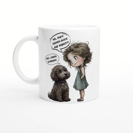 White ceramic mug with a cute cartoon girl and a fluffy brown dog; two German speech bubbles.
