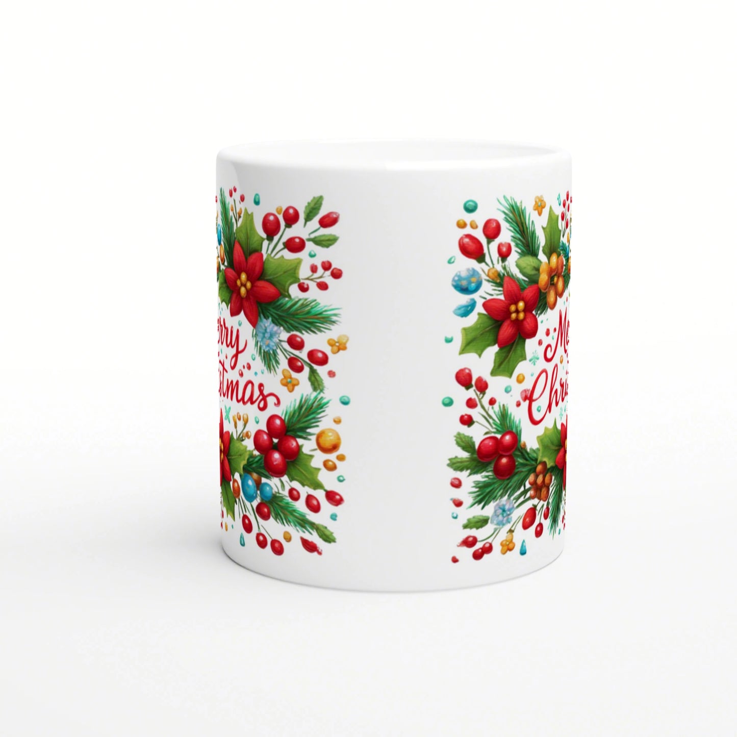 White ceramic mug featuring colorful Christmas wreaths, holly, red berries, and 'Merry Christmas' script as a wrap.