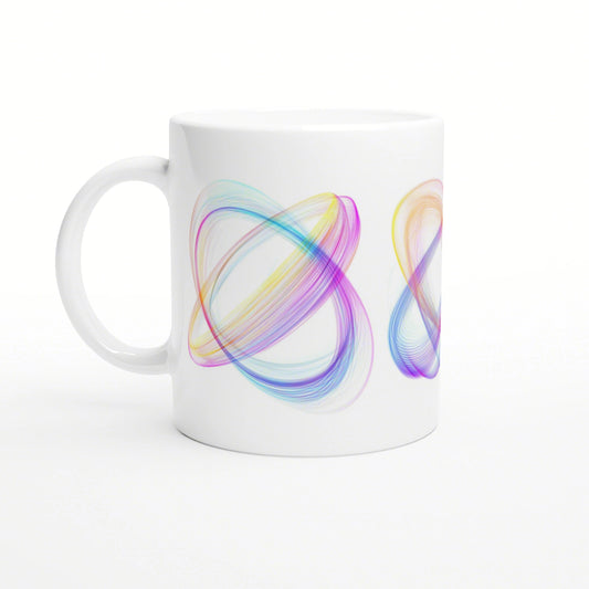 White ceramic mug featuring colorful abstract swirl artwork in pink, blue, and yellow on a white background.