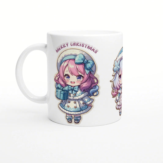 White ceramic mug featuring a cute chibi girl in a blue winter outfit, holding a gift, with the Merry Christmas text.