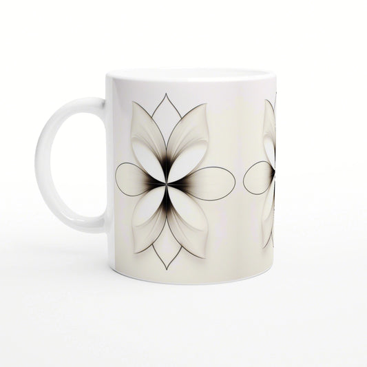 White ceramic mug mockup with a black-and-white floral pattern of large petals.