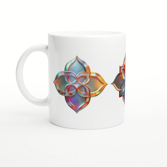 White ceramic mug featuring a colorful iridescent flower design on the side.