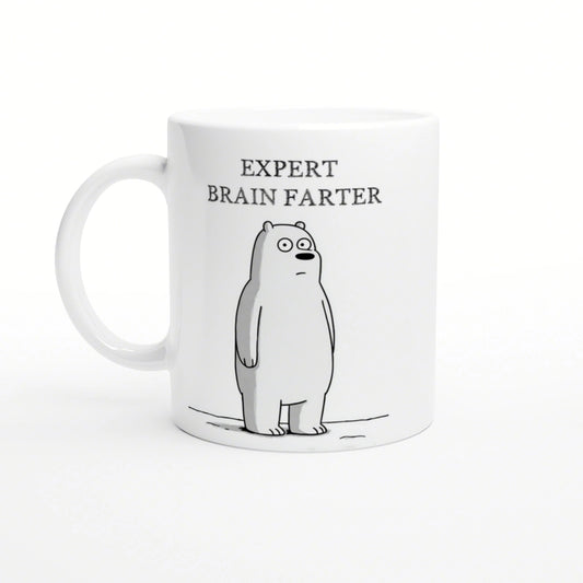 White ceramic mug with a simple line-drawn bear and the text 'EXPERT BRAIN FARTER' above.