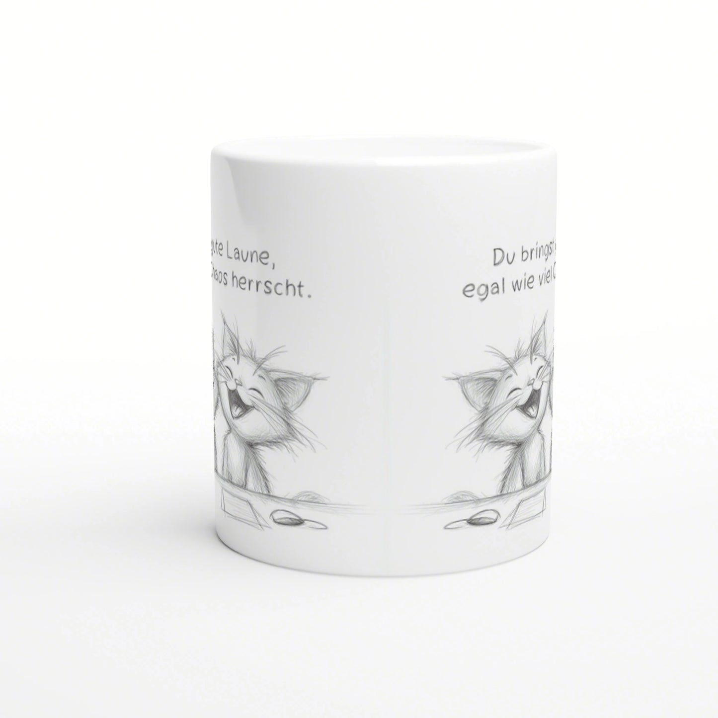 White ceramic mug mockup with a pencil-drawn laughing cat around the mug and partial German slogans.