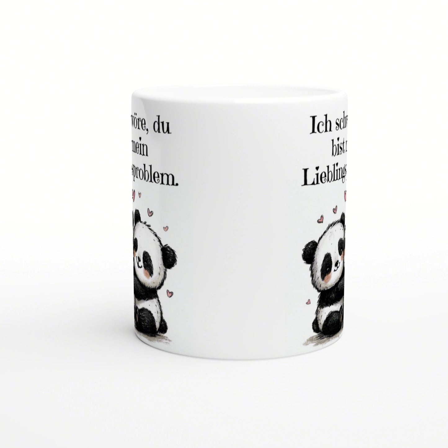 White ceramic mug with cute panda illustrations on the bottom edge, German text along the sides, and small pink hearts.