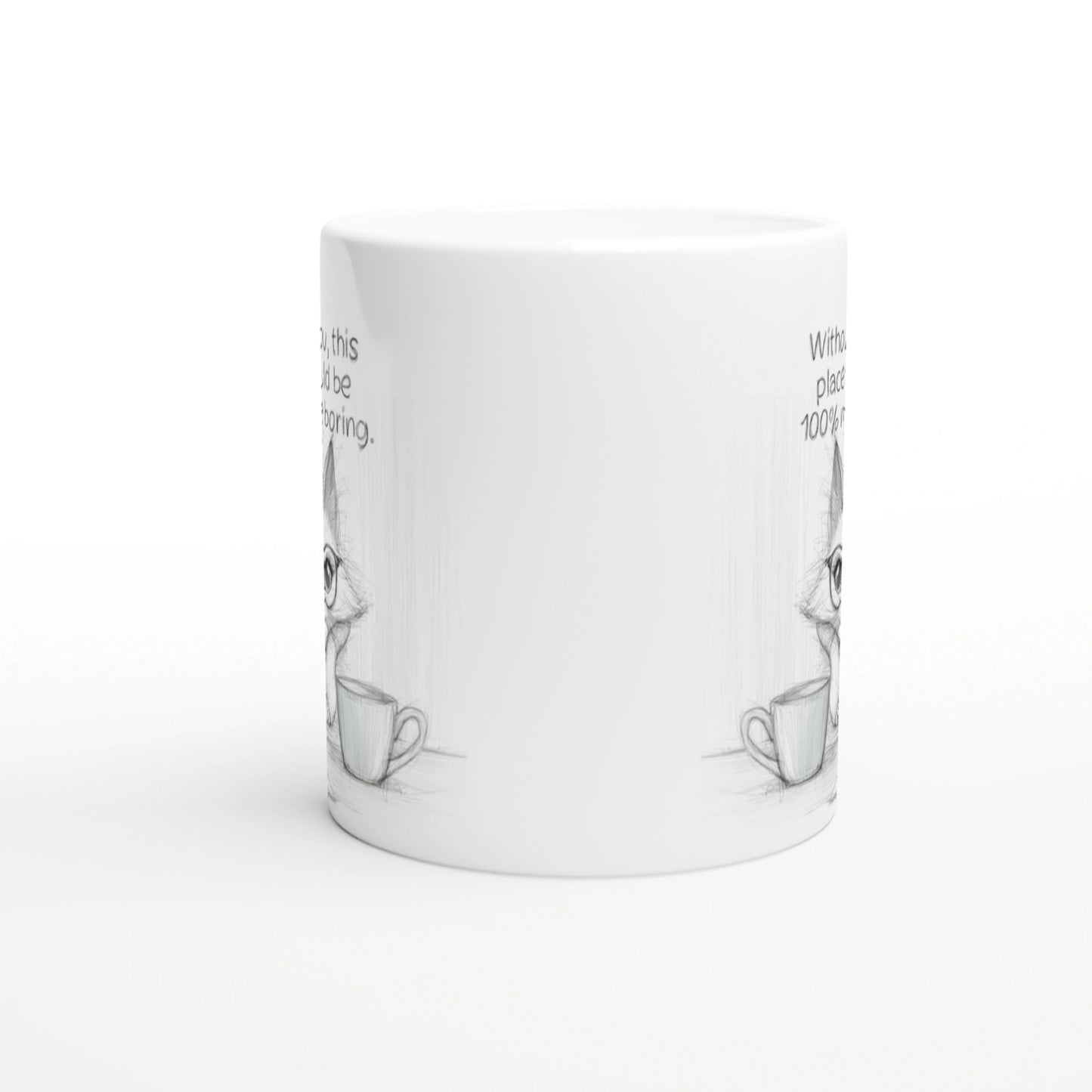 White ceramic mug product mockup with a light pencil sketch of a cup along the sides and faint edge text.