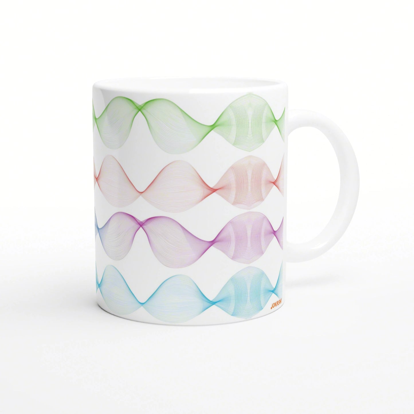 White ceramic mug with multiple rainbow-colored wave patterns wrapping around its sides.