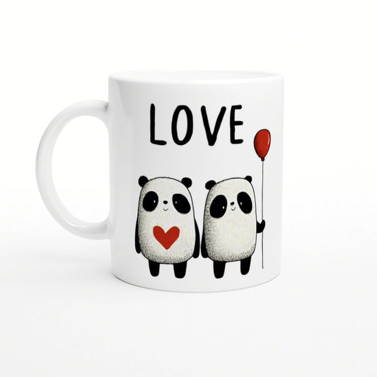 White ceramic mug featuring two pandas: one with a red heart, the other holding a red balloon, and the word LOVE above.