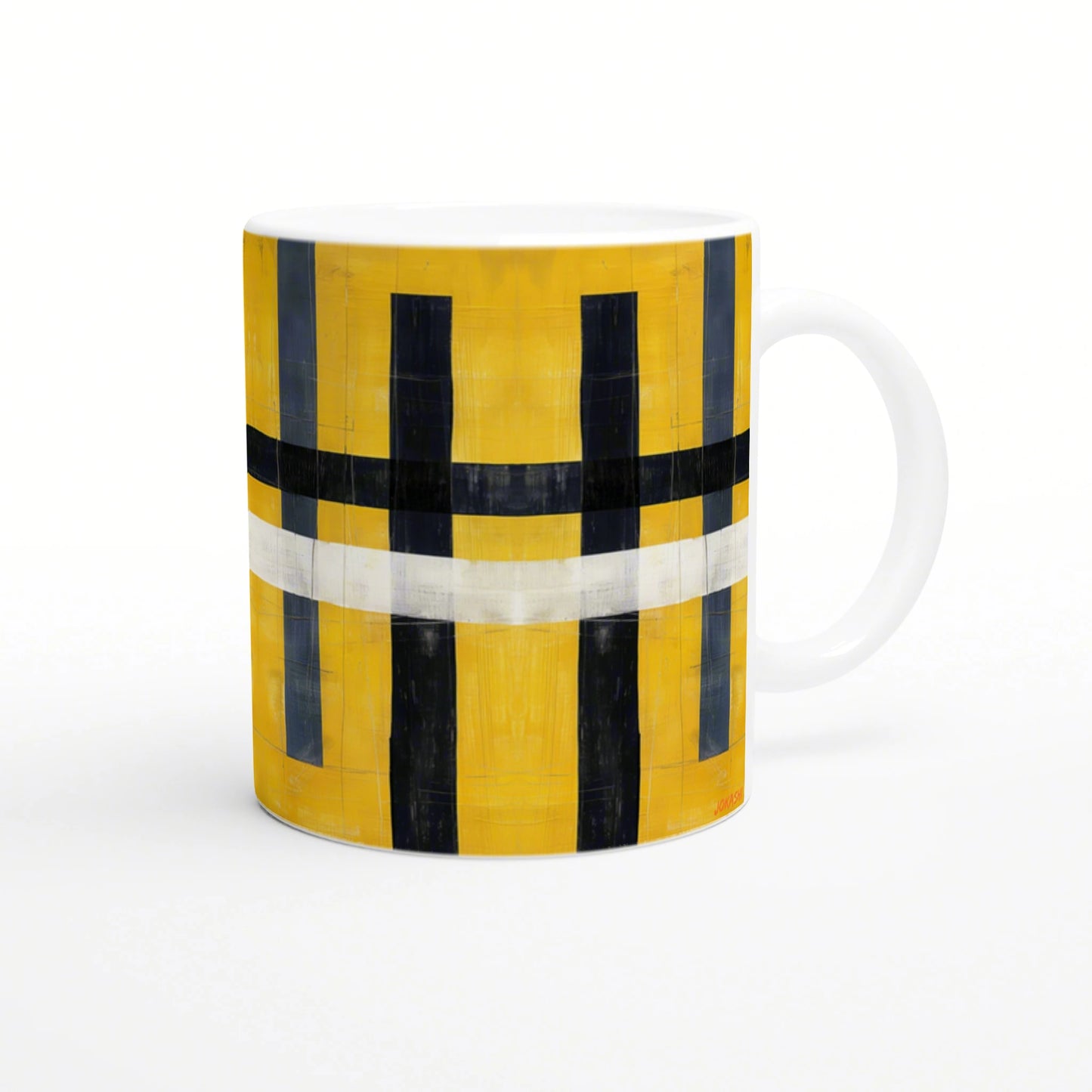 White ceramic mug featuring a bold yellow abstract pattern with tall black vertical bars and a white curved stripe.