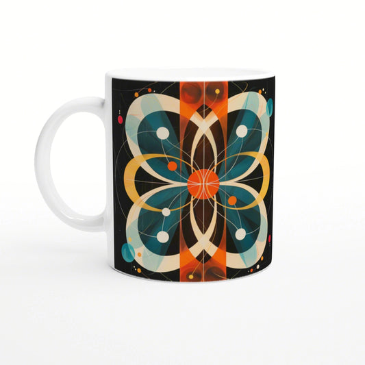Product photo of a white mug with a black background wrap featuring a vibrant geometric mandala in teal, orange and cream.