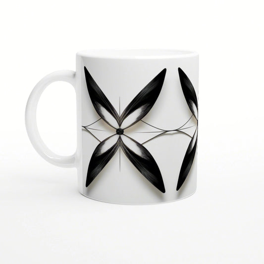 White mug mockup featuring a black geometric four-petal motif with thin connecting lines.