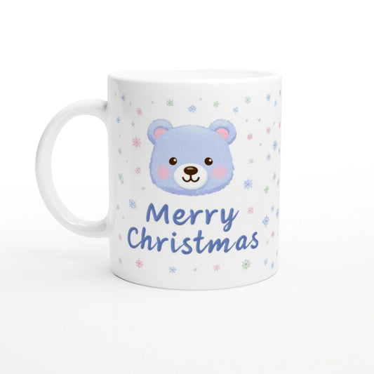 White mug featuring a blue bear face, pastel snowflakes, and the text 'Merry Christmas' in blue script.