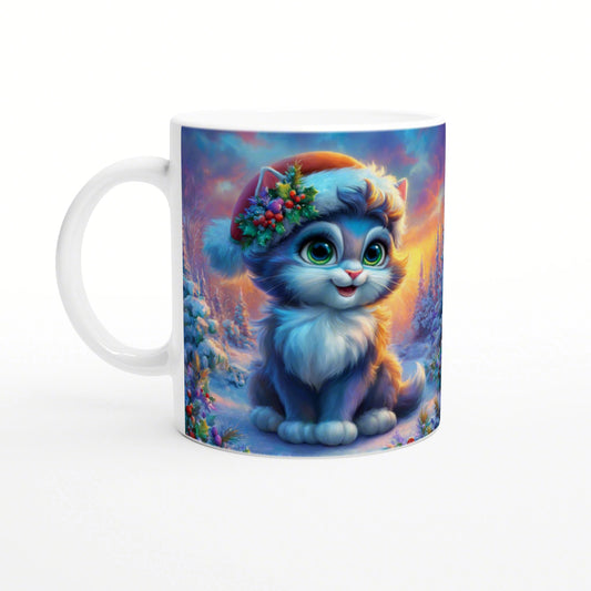 White mug featuring a blue kitten with a flower crown in a snowy winter scene.