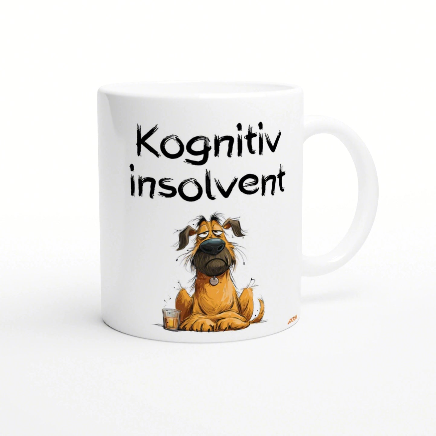 White ceramic mug mockup featuring a cartoon scruffy dog beside a small glass, and the bold handwritten text Kognitiv insolvent.