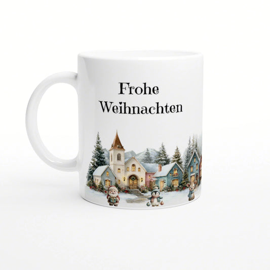White mug with 'Frohe Weihnachten' text above a snowy village scene with cozy houses and holiday characters.