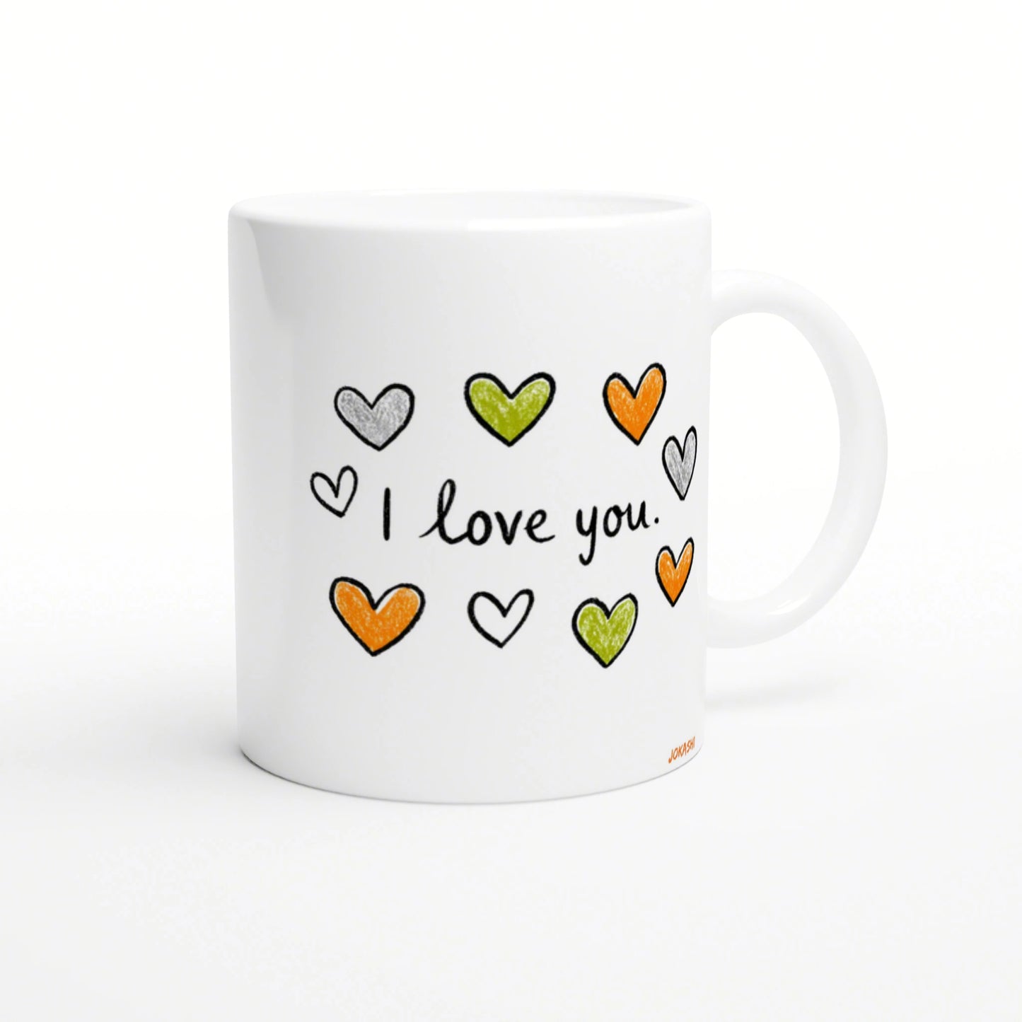 White mug mockup with handwritten 'I love you.' surrounded by colorful orange, green, and gray hearts.