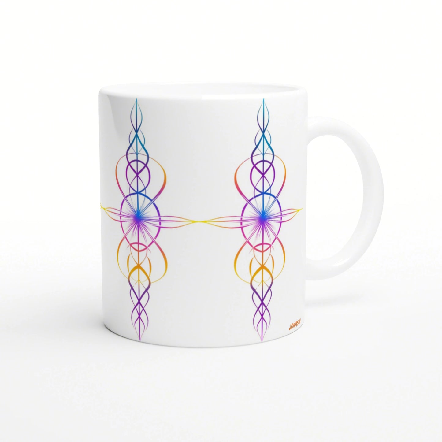 White mug featuring rainbow-colored, symmetrical ornamental pattern on both sides of intertwined loops and vertical spirals.