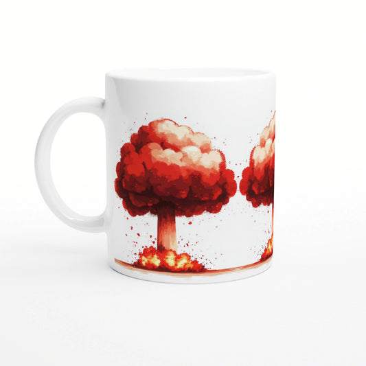 White ceramic mug with a wraparound red explosion-style tree illustration; product mockup for a novelty cup.