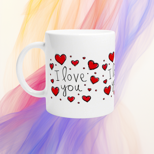 I love you Tasse mit roten Herzen | Wichtelgeschenk | Weihnachtsgeschenk | Geburtstag | Keramik weiß 330 ml