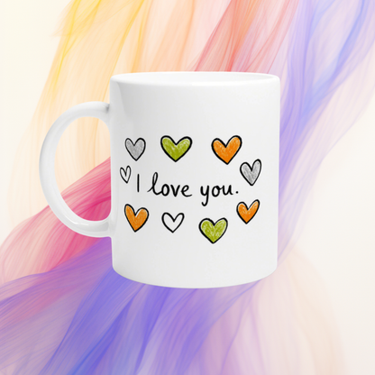 I love you. Kaffeetasse mit bunten Herzen | Wichtelgeschenk | Keramik 330 ml weiß