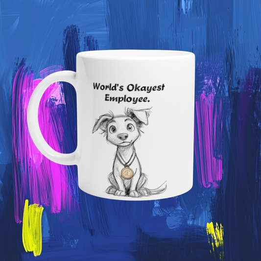 World's Okayest Employee | lustige Hundetasse, weiße Keramik | Wichtelgeschenk Boss Chef Kollegen