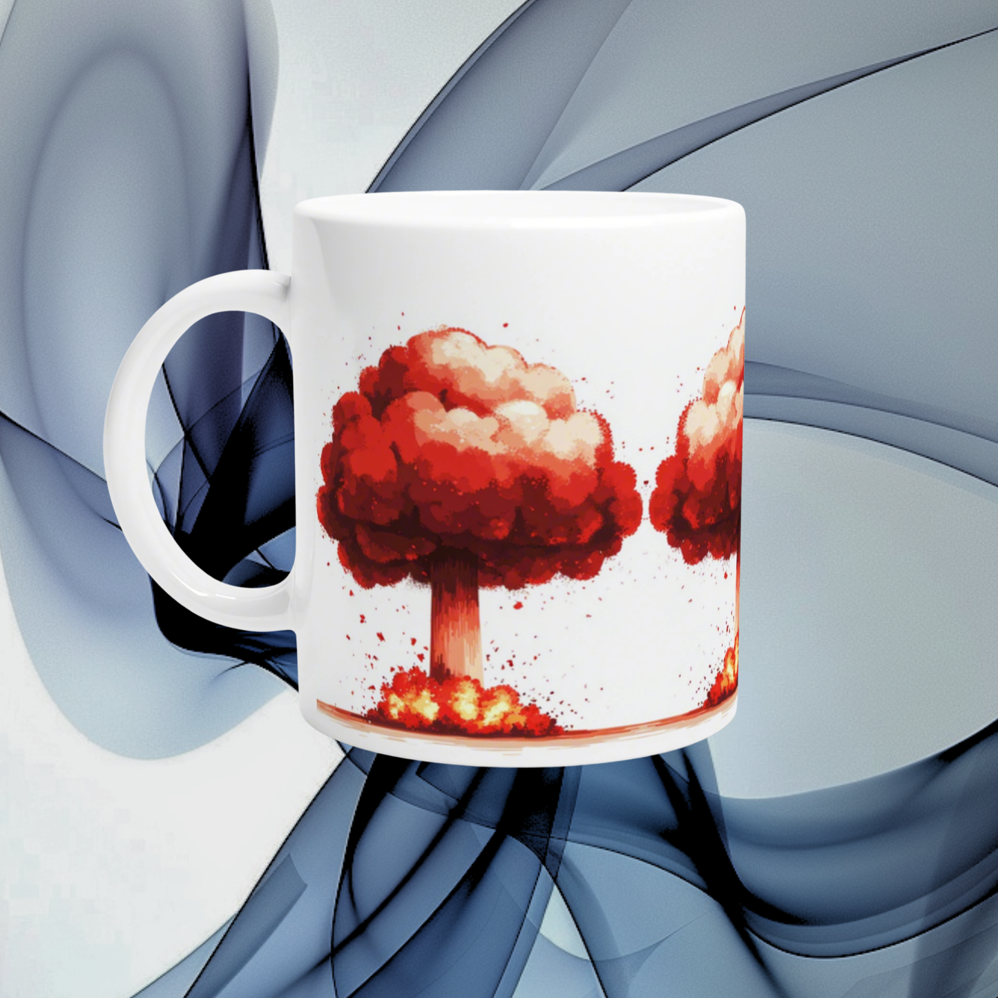 Rote Pilzwolke Comic-Aufdruck | Wichtelgeschenk | weiße Keramiktasse 330 ml | lustiges Weihnachtsgeschenk