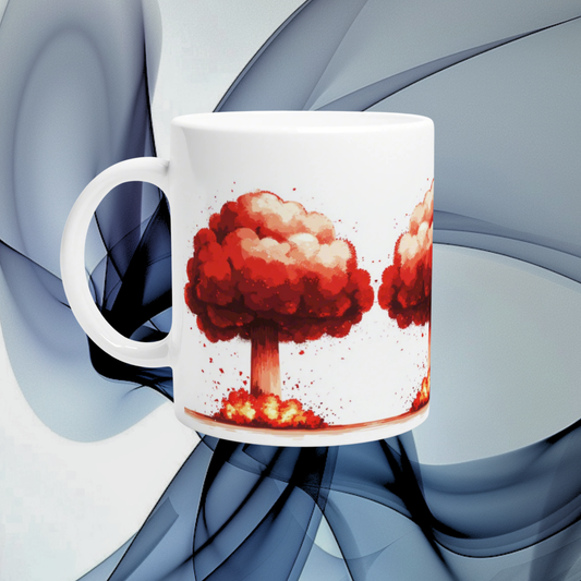 Rote Pilzwolke Comic-Aufdruck | Wichtelgeschenk | weiße Keramiktasse 330 ml | lustiges Weihnachtsgeschenk