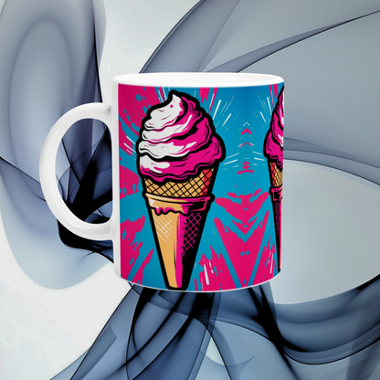 Pop‑Art Eiscreme Tasse | Wichtelgeschenk | weiße Keramik 330 ml | lustiges Weihnachtsgeschenk für Schwester