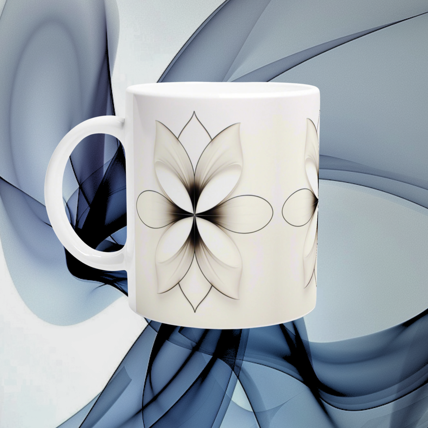 Minimalistische Mandala‑Blüte | Wichtelgeschenk | weiße Keramiktasse 325 ml | Weihnachten