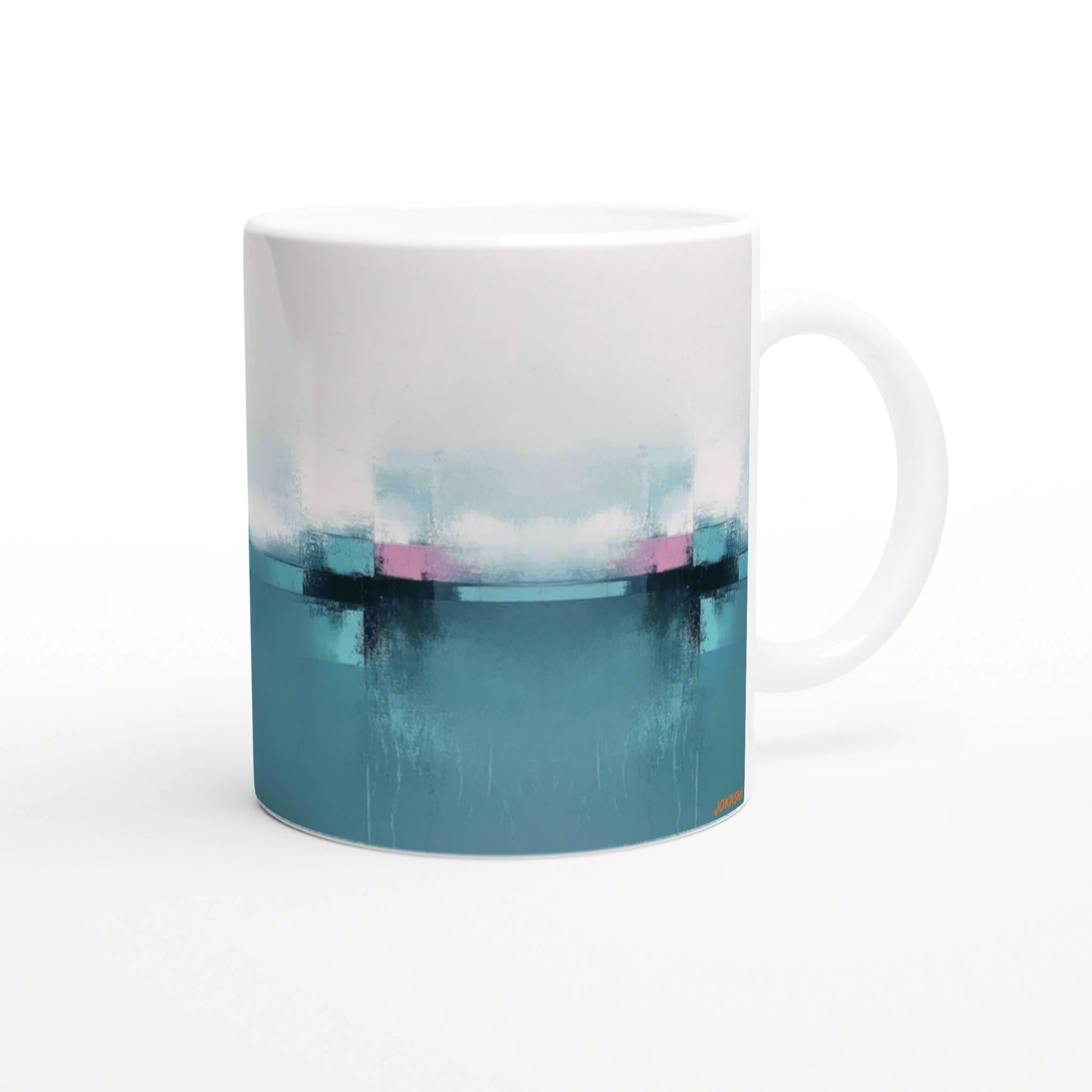 Abstract art mug: white ceramic mug with horizontal bands of pink, teal and blue; product mockup.