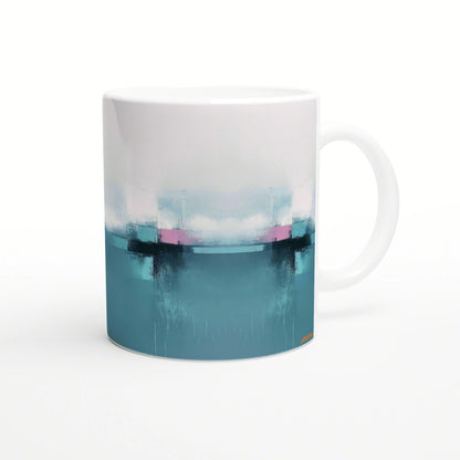 Abstract art mug: white ceramic mug with horizontal bands of pink, teal and blue; product mockup.