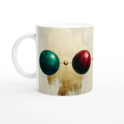 White mug featuring abstract painting of teal left and red right spheres connected by a small gold dot on a gold background.