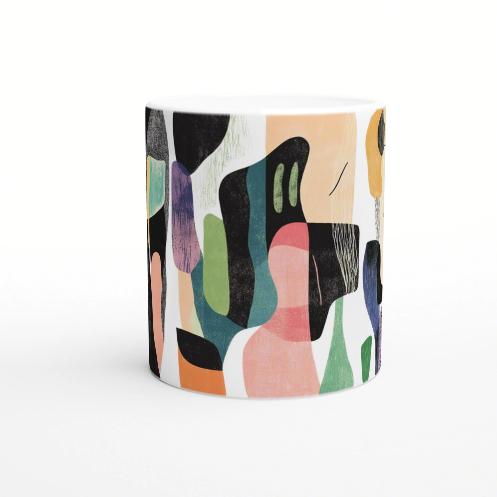 Abstract colorful pattern on a white ceramic mug mockup; irregular rounded shapes in teal, pink, orange, green and black.