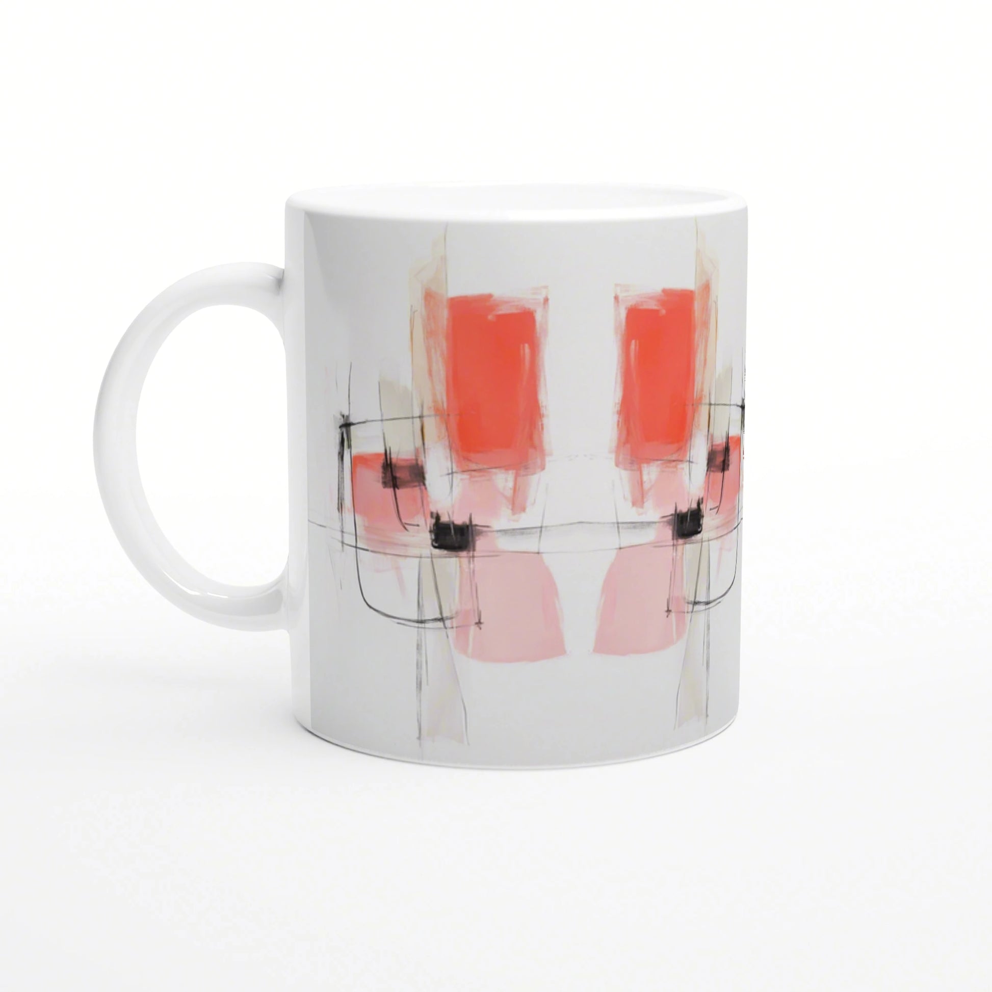 Abstract painting on a white mug featuring red-orange blocks, pale pink shapes, and black sketch lines.