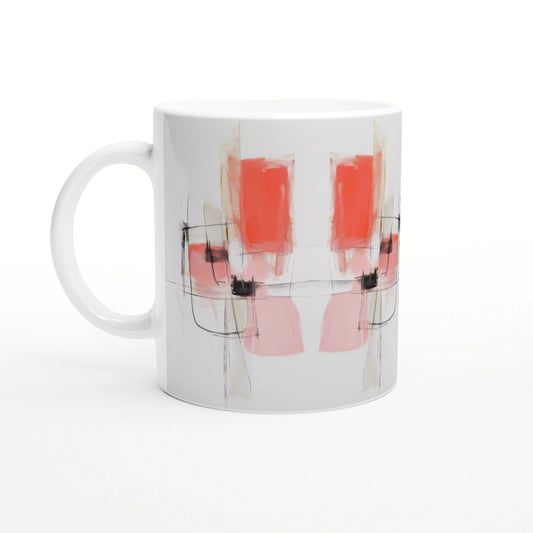Abstract painting on a white mug featuring red-orange blocks, pale pink shapes, and black sketch lines.